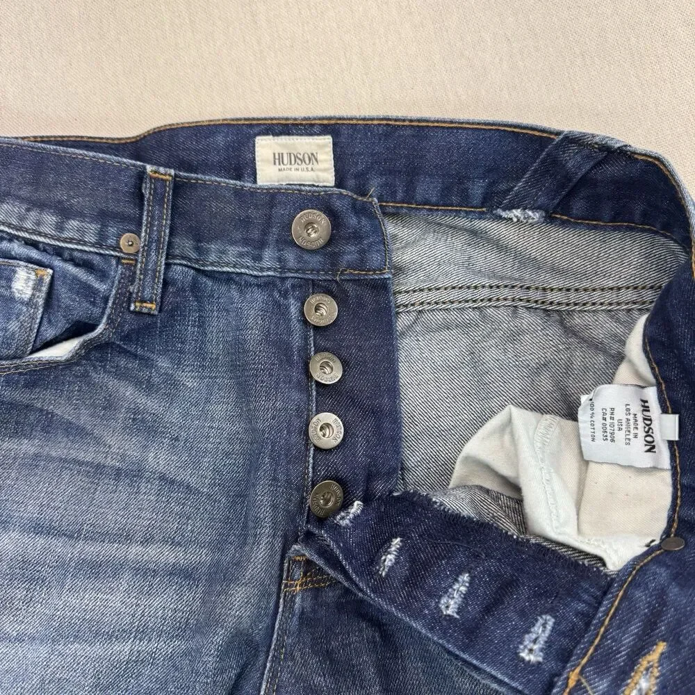 Hudson Jeans Mens 32 Distressed Straight Leg Button Fly Made USA Medium Wash
